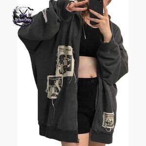 Oversized Zip Up Hoodie Rhinestone Skeleton Sweatshirt Gothic Streetwear